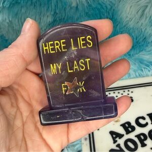 FLUORITE CRYSTAL TOMBSTONE CARVING HERE LIES MY LAST F